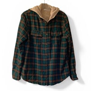 Z MAN Green & Tan Plaid Hooded Shacket with Sherpa Lining Mens Size Medium NEW